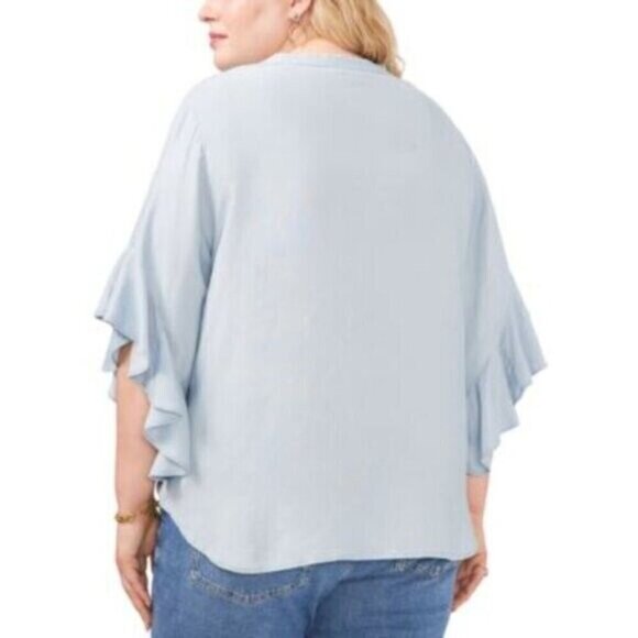 Vince Camuto Plus Size Light Blue Split Neck Ruffle Sleeve Top NWT - Picture 3 of 6